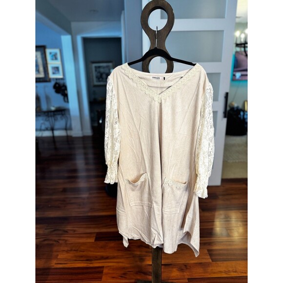 Origami boho lace sleeve pull over dress Nylon/spandex  Xl beige Cotagecore - Picture 4 of 13